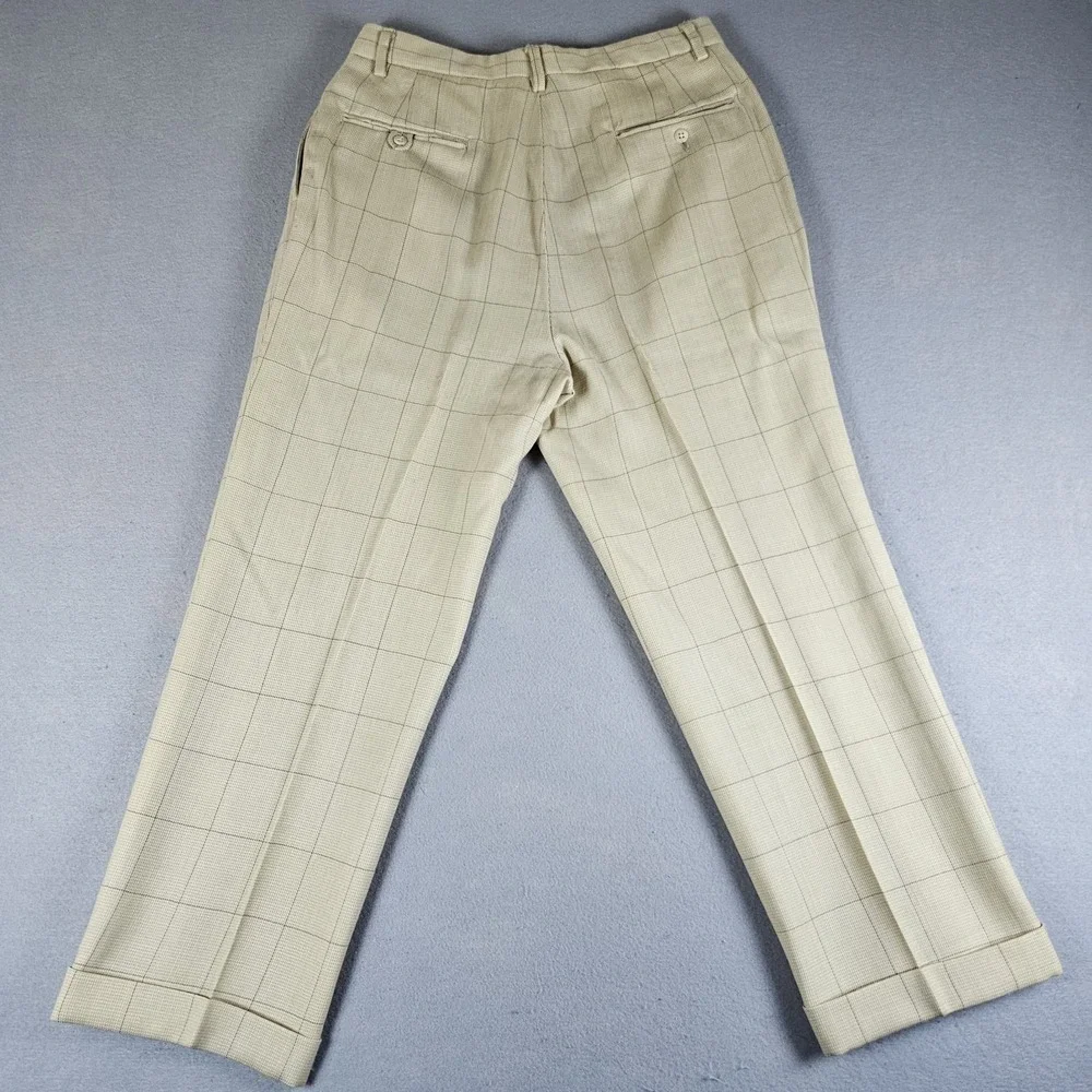 VTG Polo Ralph Lauren Pants Mens 31x26 Beige Windowpane Wool Pleated Cuffed USA